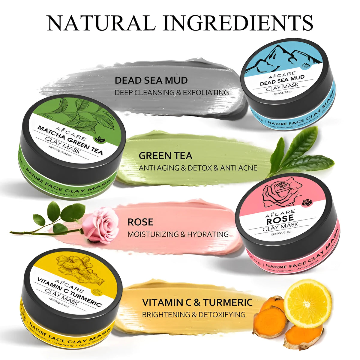 Four-pack Dead Sea mud clay masks with green tea turmeric rose formula 80ml each