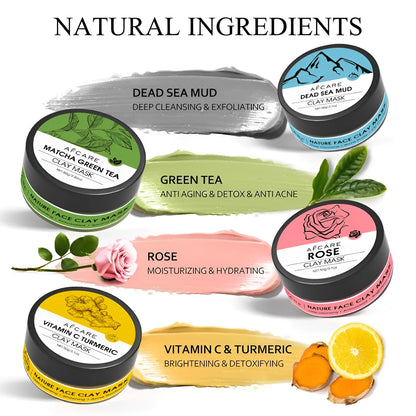 Four-pack Dead Sea mud clay masks with green tea turmeric rose formula 80ml each