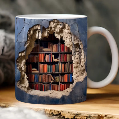 3D bookshelf ceramic mug in colour A, 9.8x8cm, 350ml capacity with handle for book lovers
