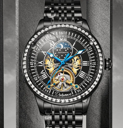 Men's waterproof mechanical watch with stainless steel case, 42mm dial, and butterfly buckle on wrist