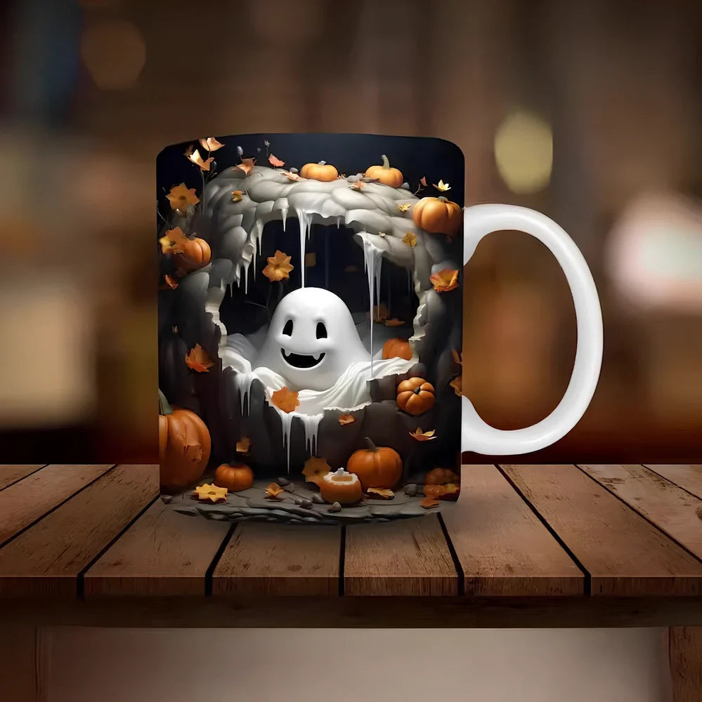 Halloween pumpkin design ceramic coffee mug with 350ml capacity and porcelain construction