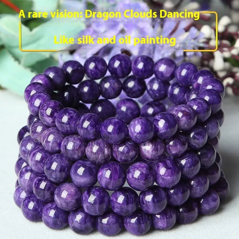 Natural transparent charoite crystal bracelet with platinum setting, available in 6mm, 8mm, 10mm, and 12mm bead sizes