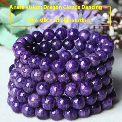 Natural transparent charoite crystal bracelet with platinum setting, available in 6mm, 8mm, 10mm, and 12mm bead sizes
