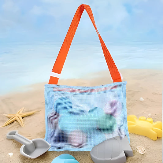 Blue children's travel storage organiser bag with nylon mesh construction and shoulder strap