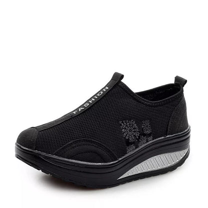 Women's Casual Mesh Platform Sneakers with Wedge Heel in black, red, and gray