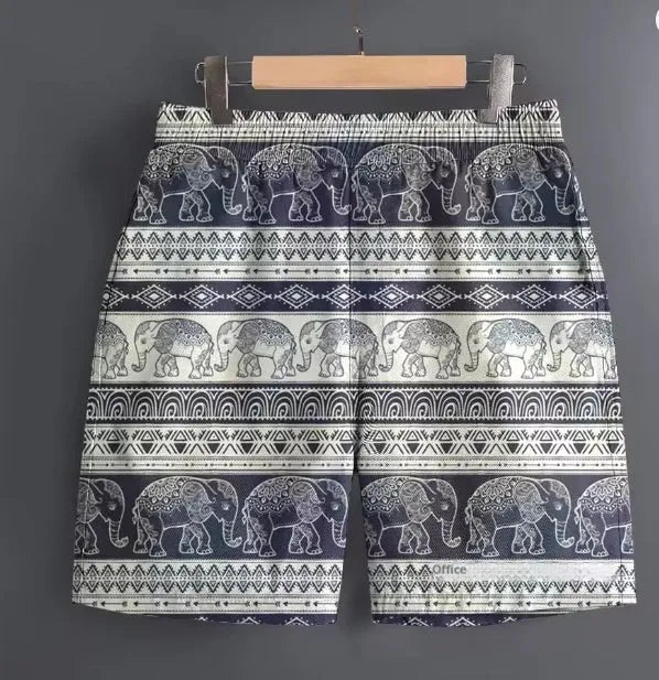 Men's casual polyester shorts in a camouflage pattern, shown with a relaxed fit for outdoor use.