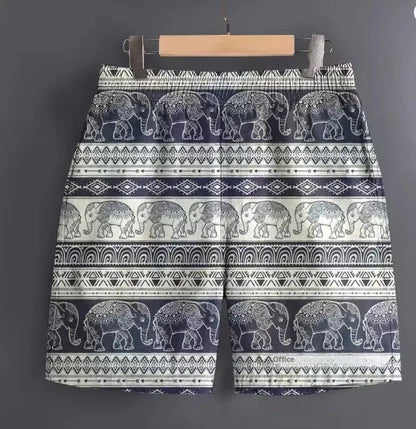Men's casual polyester shorts in a camouflage pattern, shown with a relaxed fit for outdoor use.