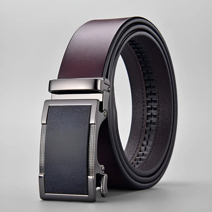 Men's two-layer cowhide leather belt with alloy automatic buckle, black or brown, 110cm to 130cm, 2-4cm width