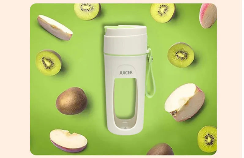 USB rechargeable portable juicer cup with glass liner in grass green, light purple, or fresh orange.