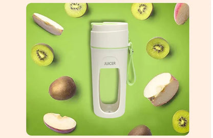 USB rechargeable portable juicer cup with glass liner in grass green, light purple, or fresh orange.