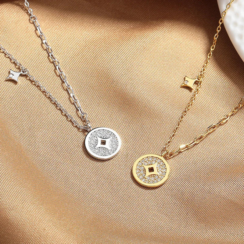 Elegant Chinese Style Copper Coin Necklace for women in silver and gold