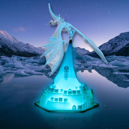 Breathing lamp with 200mm PVC shade in dragon design colours on wooden surface