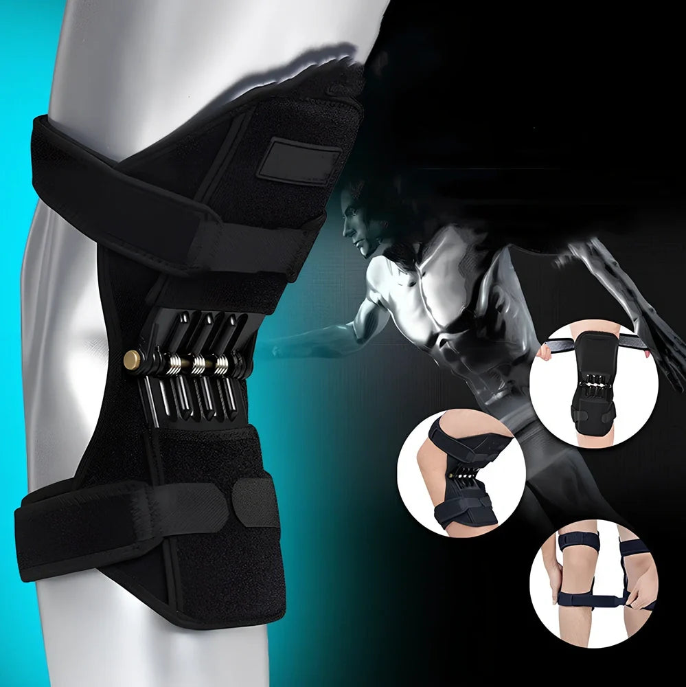 Black joint support knee pads with rebound spring system and breathable fabric