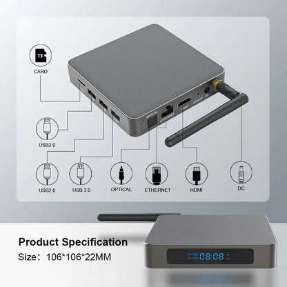 Android TV set-top box with remote control showing HDMI and power ports