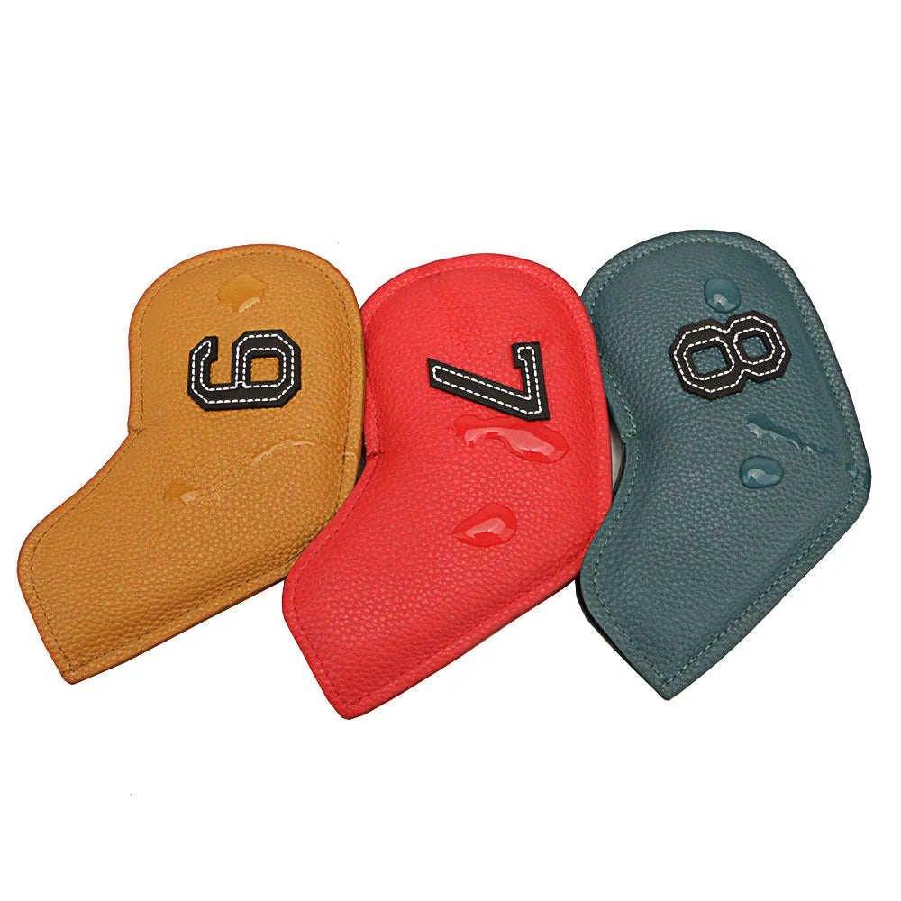 10-piece golf club headcover set in various colours showing PU construction and club protection design