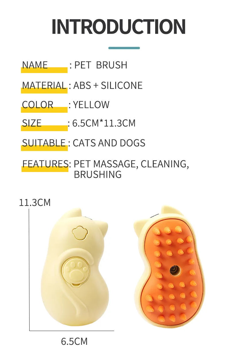 Yellow electric pet grooming brush with silicone bristles for massage and cleaning