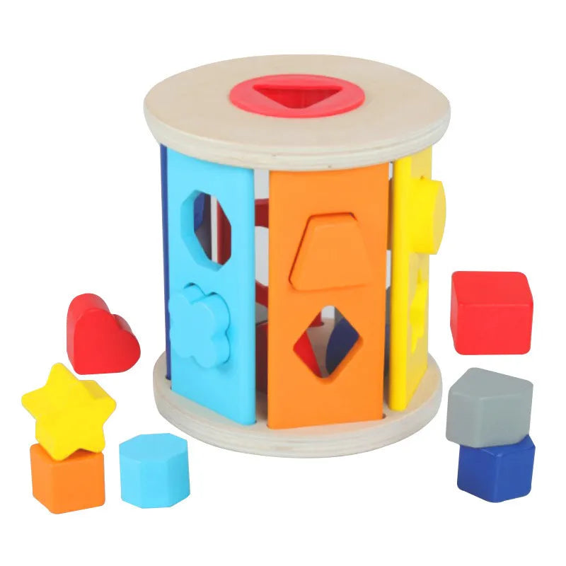 Wooden geometric shape matching building blocks with intelligence boxes for infants educational toy