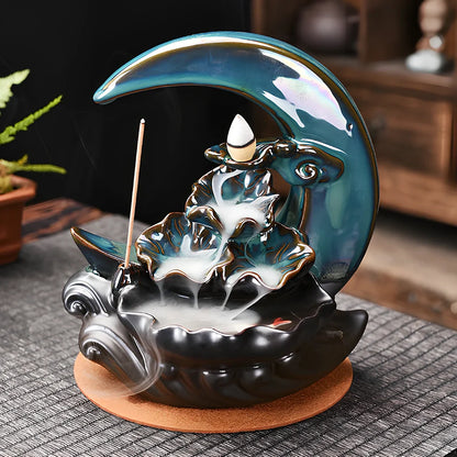 Monochrome glazed porcelain backflow incense burner with smoke waterfall effect and abstract Chinese design