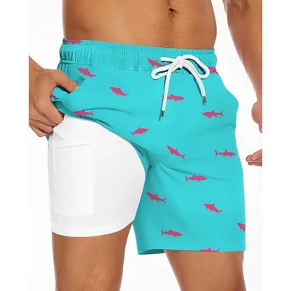 Men's loose fit polyester beach shorts in various colours showing size range up to 5XL