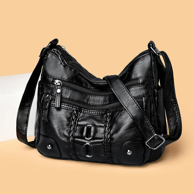 PU shoulder messenger bag with single strap, open outer pocket, and zip inner compartment in black, red, brown, or beige.