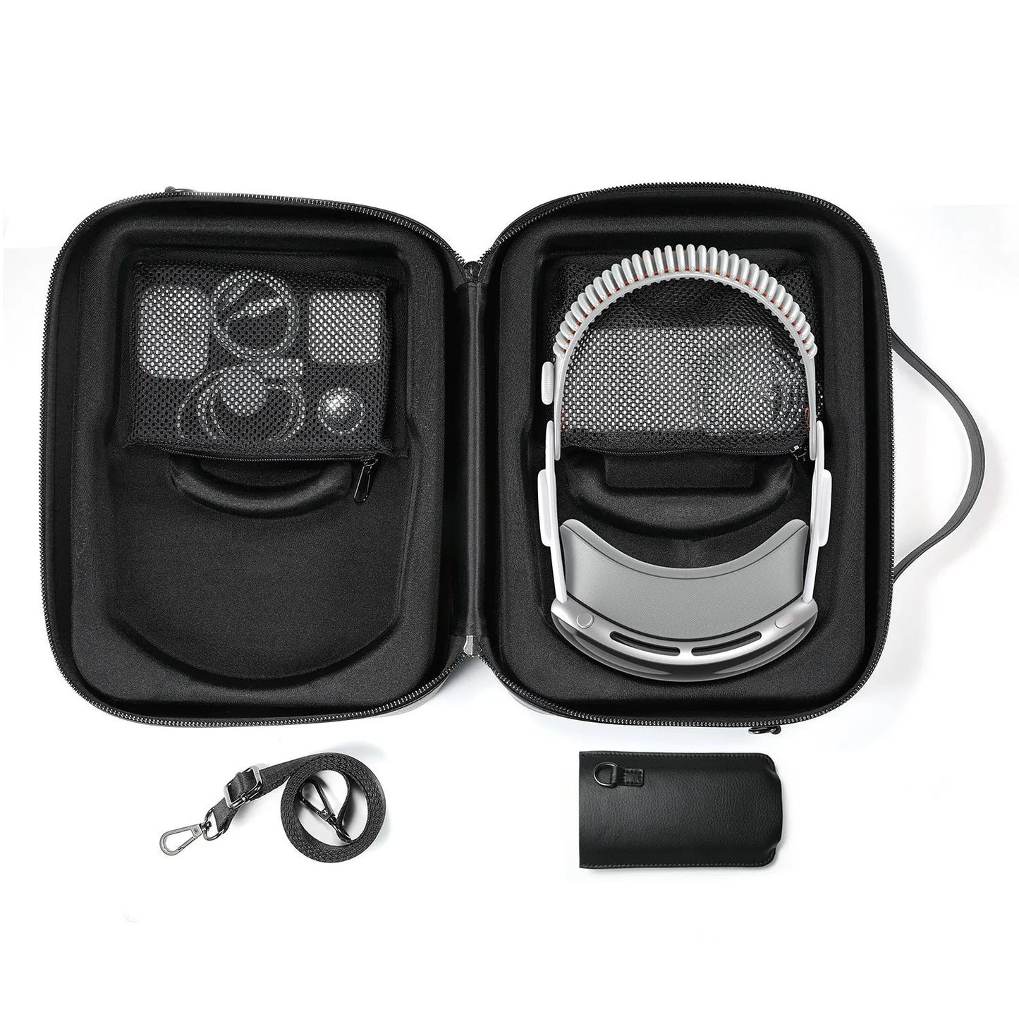 Black superfibre storage case for Apple Vision Pro MR glasses showing internal dimensions.