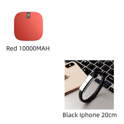 Red 10000 mAh mini power bank with digital display showing battery percentage, measuring 90x64x24mm