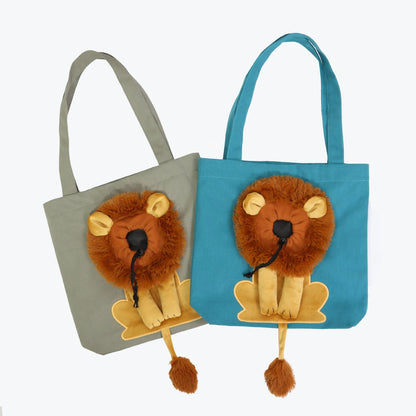Soft canvas pet carrier bag with lion design, adjustable head opening, and safety zippers for small dogs and cats.