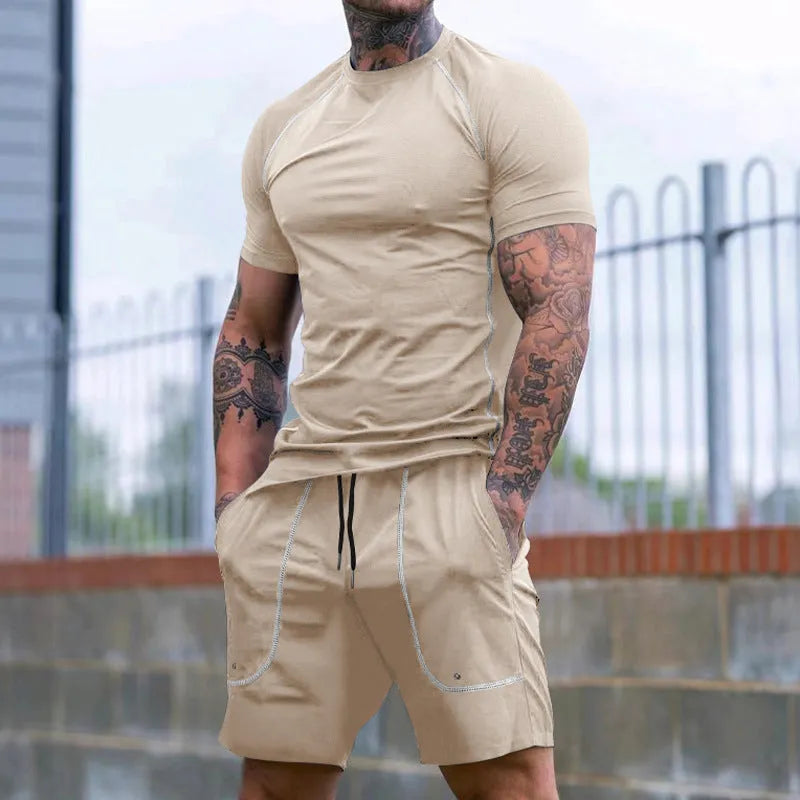 Men's running fitness suit with short sleeve T-shirt and shorts in black polyester, sizes S to XXXL