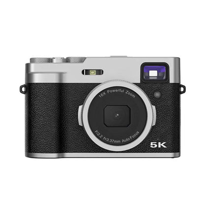 5K HD digital camera in black or brown with dual lenses, optical viewfinder, and 2.88-inch display on front