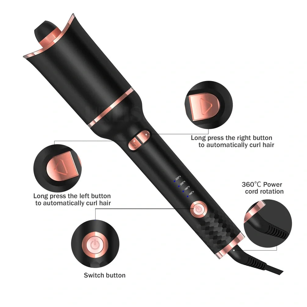 Black automatic hair curler with rotating 16-20mm barrel and digital temperature display showing 10 heat settings