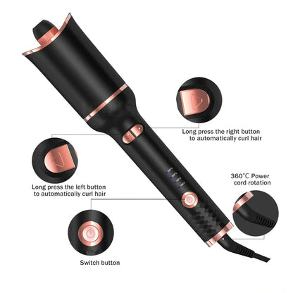 Black automatic hair curler with rotating 16-20mm barrel and digital temperature display showing 10 heat settings