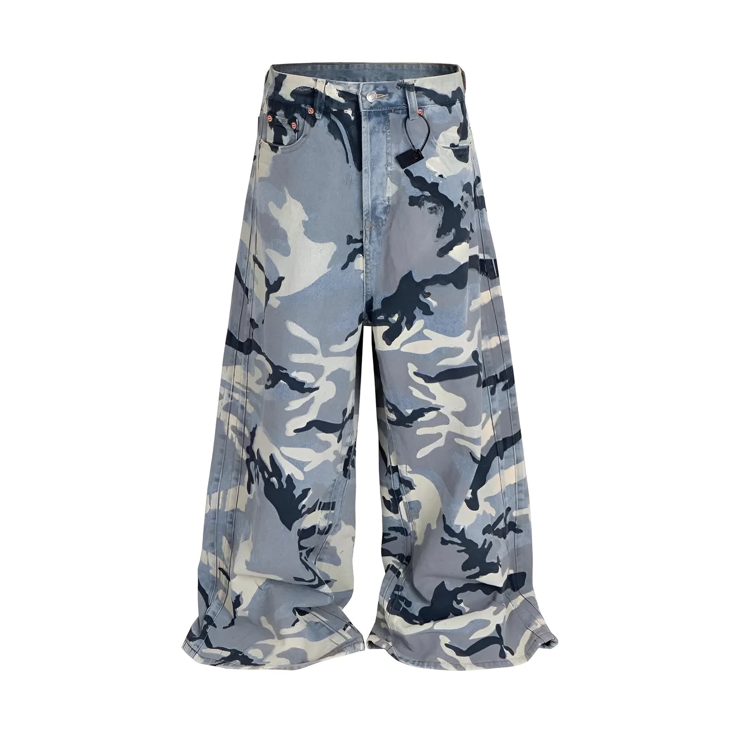 Snow camouflage blue jeans with mid-waist design and loose fit, showing micro-elastic denim fabric