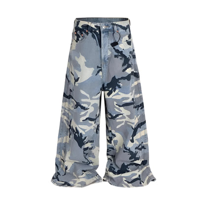 Snow camouflage blue jeans with mid-waist design and loose fit, showing micro-elastic denim fabric