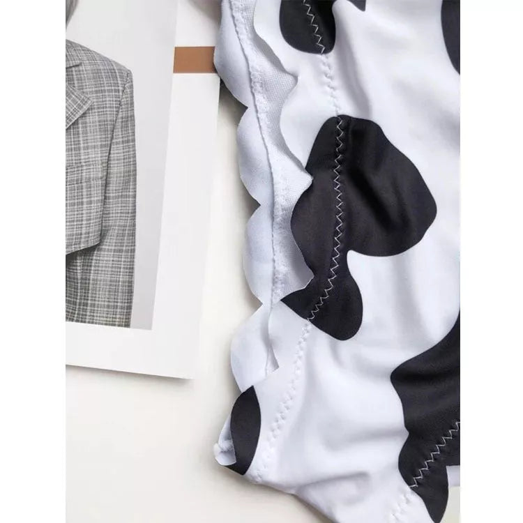 Black and white cow print wrapped breast bikini for women