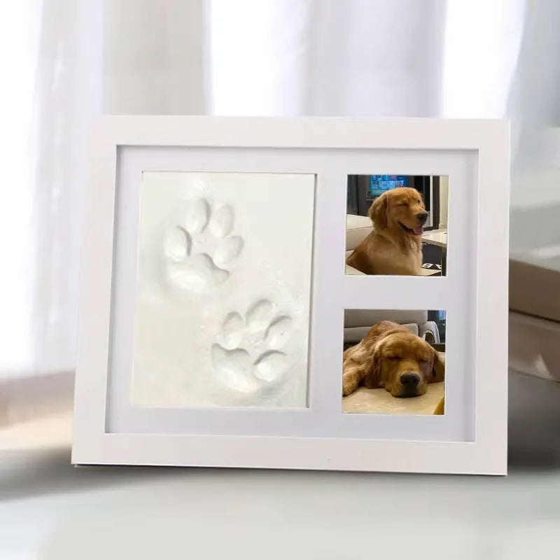DIY pet paw print photo frame kit with moulding clay for dogs and cats, in black or white.