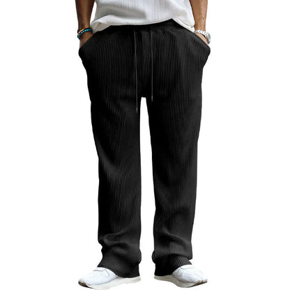 Men's casual loose striped high waist straight trousers in Army Green with micro elasticity