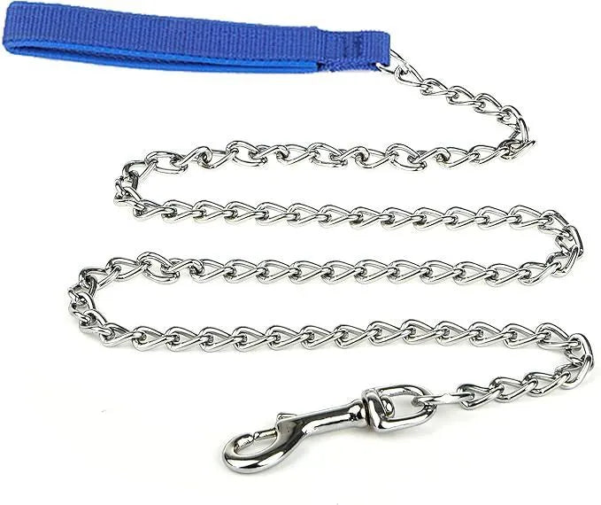 Heavy duty metal dog leash with chew-proof chain and soft padded handle in black, blue, or red colours