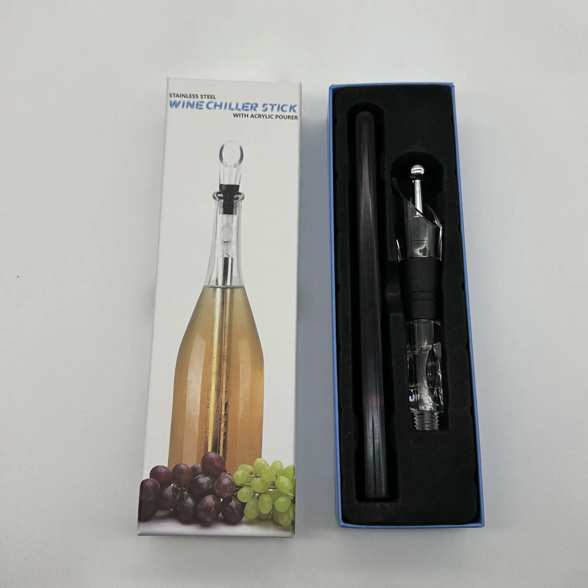 Stainless steel wine chilling rod with acrylic aerator pourer for cooling bottles from inside