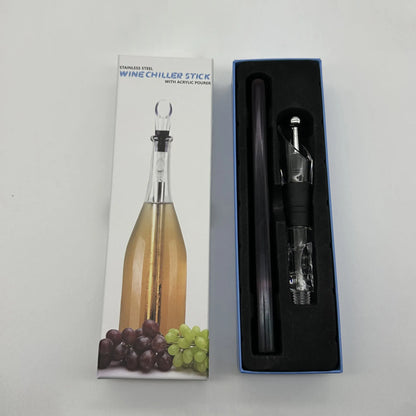 Stainless steel wine chilling rod with acrylic aerator pourer for cooling bottles from inside