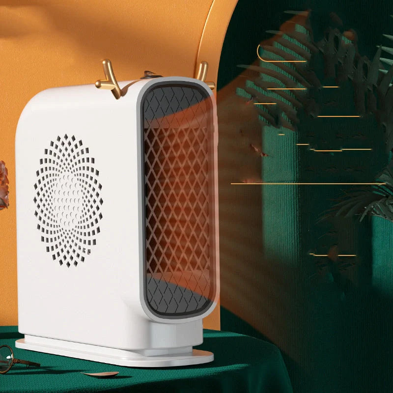 Compact desktop heater in white, green, or yellow with dual-speed control for small spaces