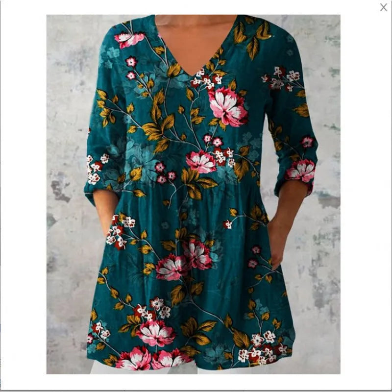 Women's printed wave loose dress with wide waist design and 3/4 sleeves in one of seven style options