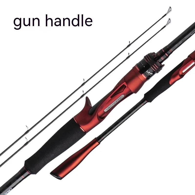 Carbon light lure fishing rod shown with straight handle and pikestaff handle options.