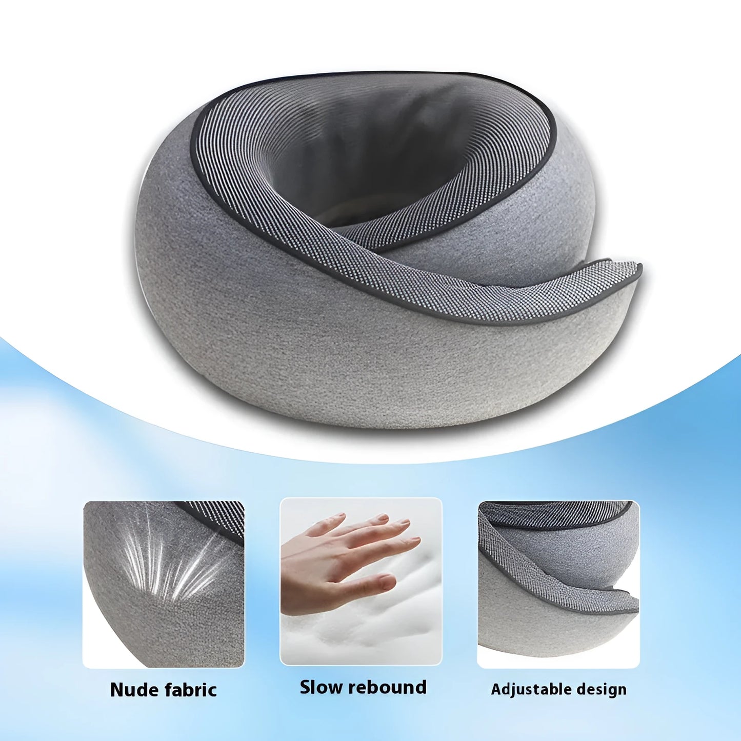 U-shaped grey memory foam travel neck pillow with storage bag.