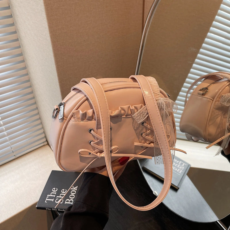 Women's bandage bow handbag fashion shoulder bag with PU leather material mobile phone compartment in milky white black pink blue colours casual style sewing thread details