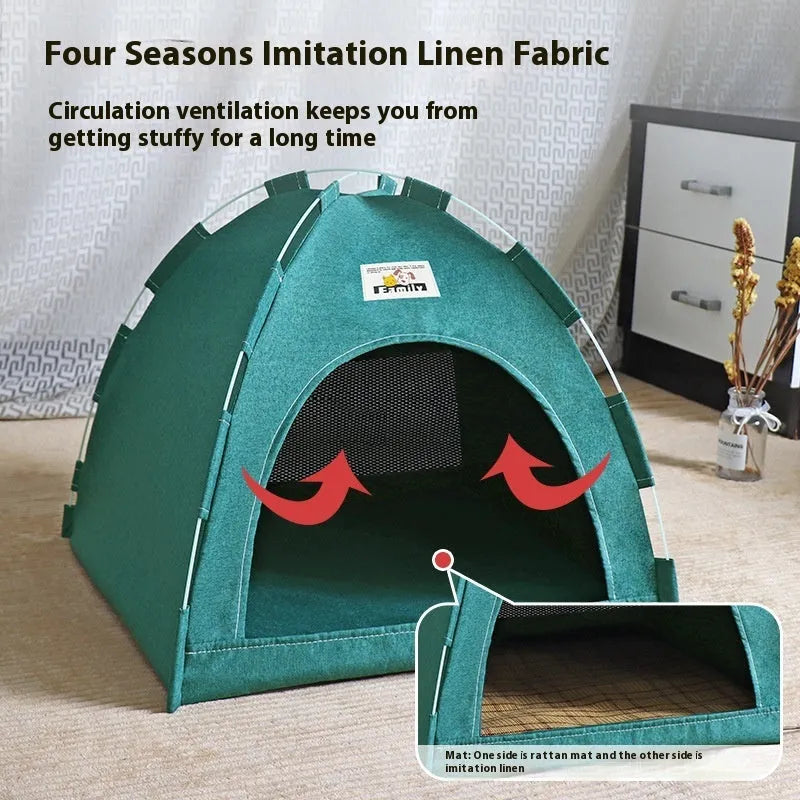 Grey linen-like fabric pet tent for cats and small to medium-sized dogs on a wooden floor.