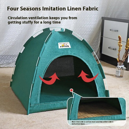 Grey linen-like fabric pet tent for cats and small to medium-sized dogs on a wooden floor.