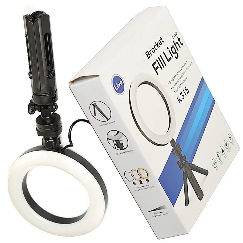 Black desktop mobile phone bracket with adjustable colour fill light and tripod stand for video recording