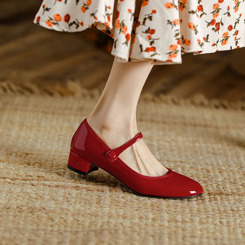 Women's Chunky Heel Retro Leather Round Head Pumps with Ankle-Strap Buckle, Two-Layer Cowhide Upper and Rubber Sole, Glued Construction, Available in Red or Black, Sizes 35-39