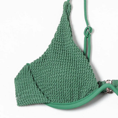 Women's green solid colour ruffle split bikini suit, two-piece polyester swimwear with top and briefs, sizes S M L
