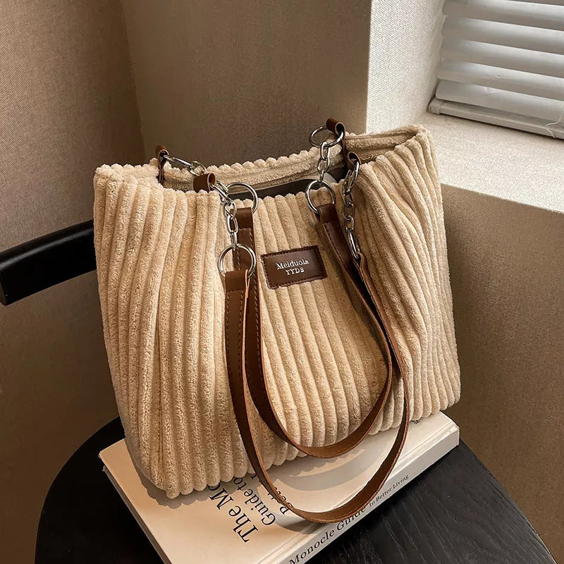 Retro corduroy women's shoulder bag with zipper closure in multiple colors